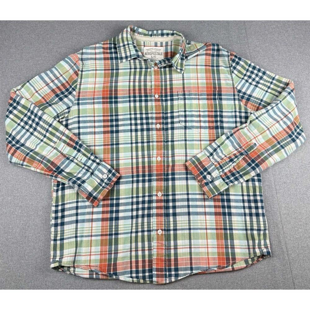 Aeropostale Men's Large Plaid Button Up Shirt Green Orange Blue Cotton Casual